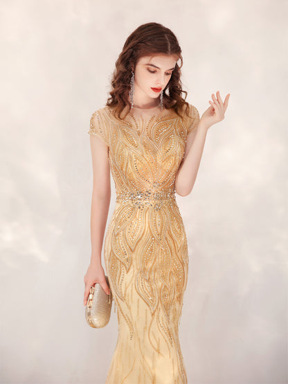 Fishtail Evening Dress Gold & Small Trailing Temperament Host Evening Dress