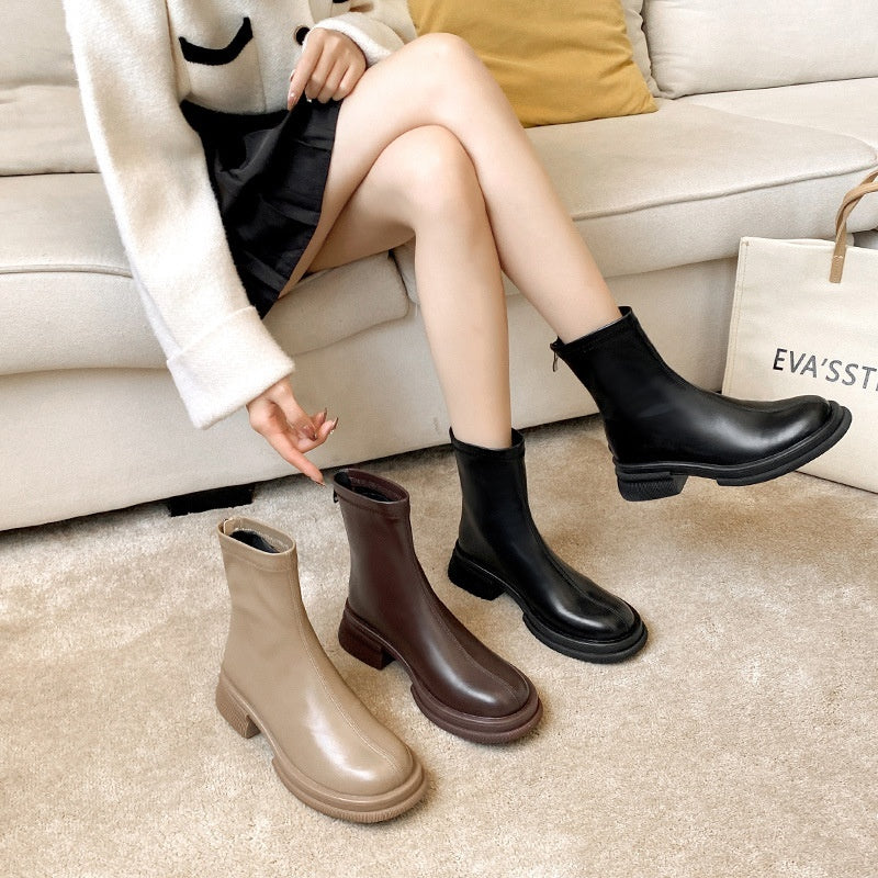 British Style Round Toe Solid Color Short Boots Women's Boots Tide