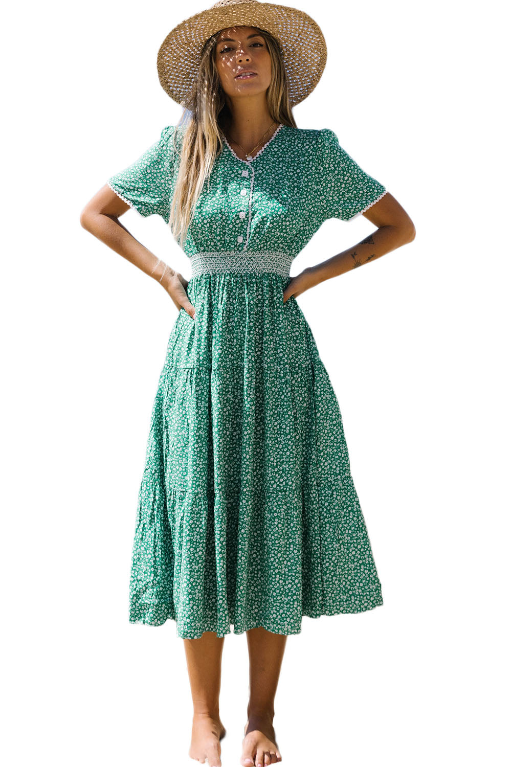 Vestido midi estampado floral empalme de encaje acampanado cintura alta verde