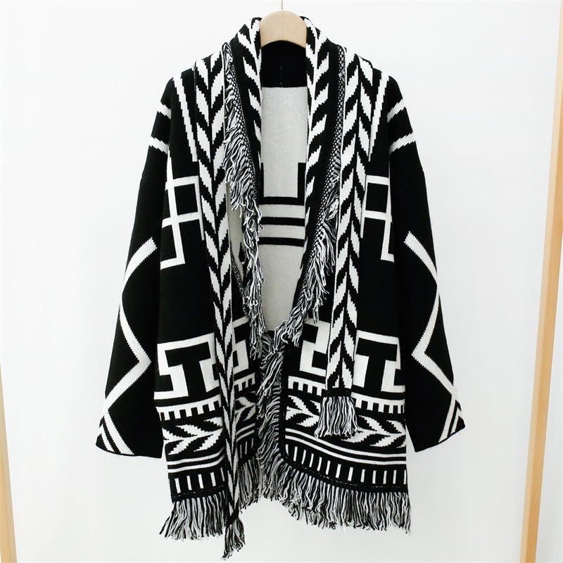 Large Pattern Embroidery Tassel Sweater Coat