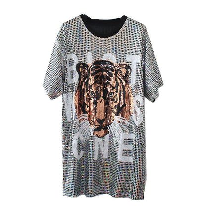 Women's Large Size Mid-length Sequined T-shirt Short Sleeve Loose