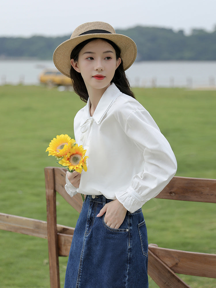 Blusa dulce y elegante Camisa de manga larga blanca literaria Mujer