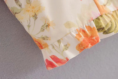 French Retro Printing Bubble Sleeve Pleated Square