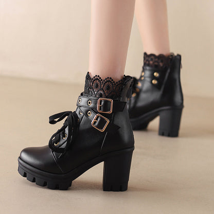 Women's Platform Retro Lace Up Belt Buckle Boots