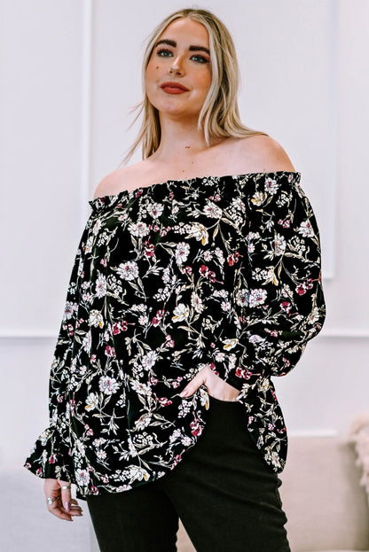 Plus Size Floral Frilled Off-Shoulder Blouse