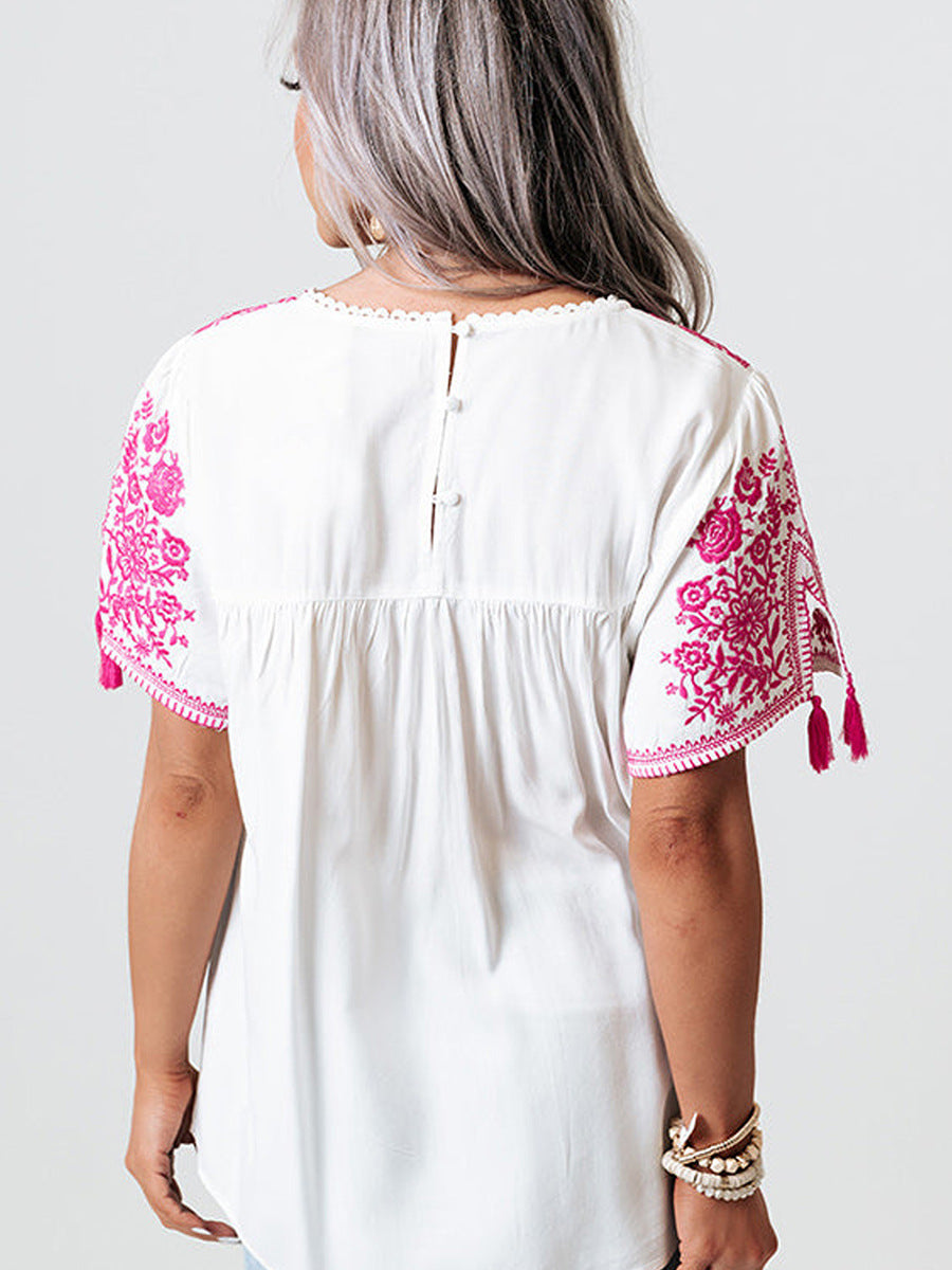 Embroidered Top Women's Short Sleeve Tassel Decoration