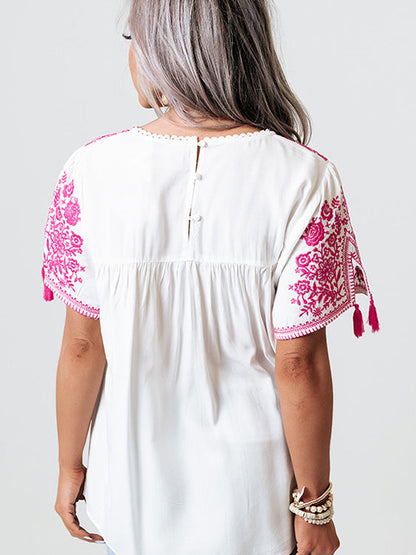 Embroidered Top Women's Short Sleeve Tassel Decoration