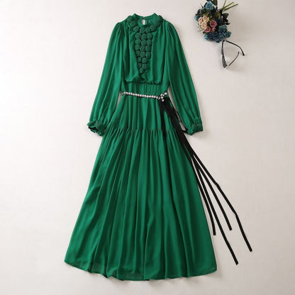 Chiffon Big Swing Long Skirt Long Sleeve Three-dimensional Plate Flower Rhinestone Belt Dress