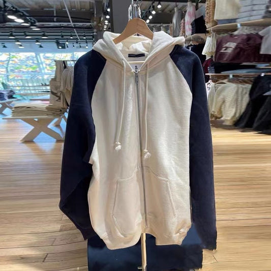 Navy Blue Beige Raglan Sleeve Multicolor Hoodie Coat