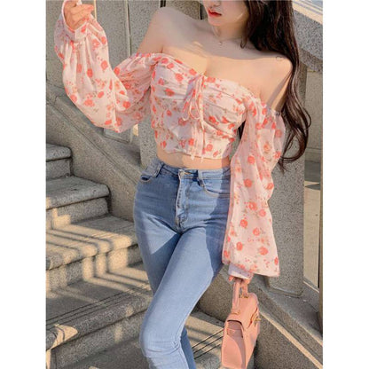 Puff Sleeve Square Neck Floral One Shoulder Chiffon Shirt Women's