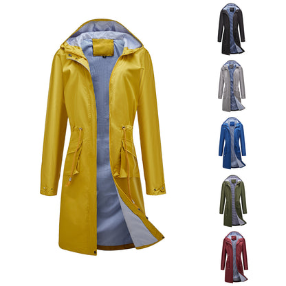 Long Casual Windbreaker Women's Waterproof Hooded Solid Color Top Striped Lining Straight Coat