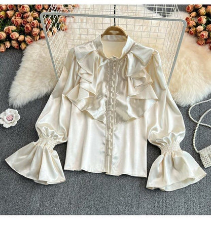 Bell Sleeve Stand Collar Acetate Satin Shirt French Style Design Loose Top For Women