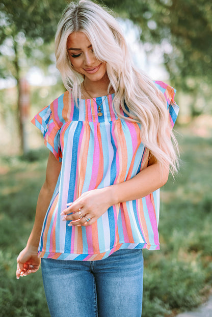 Multicolored Stripe Flutter Sleeve Blouse