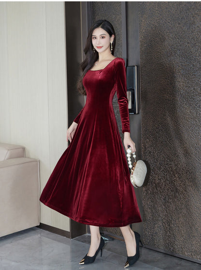 Women's Elegant Temperament Square Collar High-end Velvet Slim Fit Long Sleeve Dress