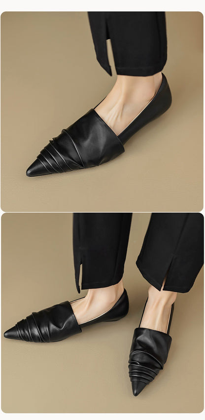 Pointed-toe Low Heel Flat Shoes Black Creamy-white