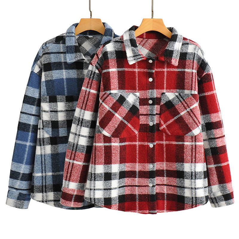 Plaid Shirt Woolen Lapel Top Coat