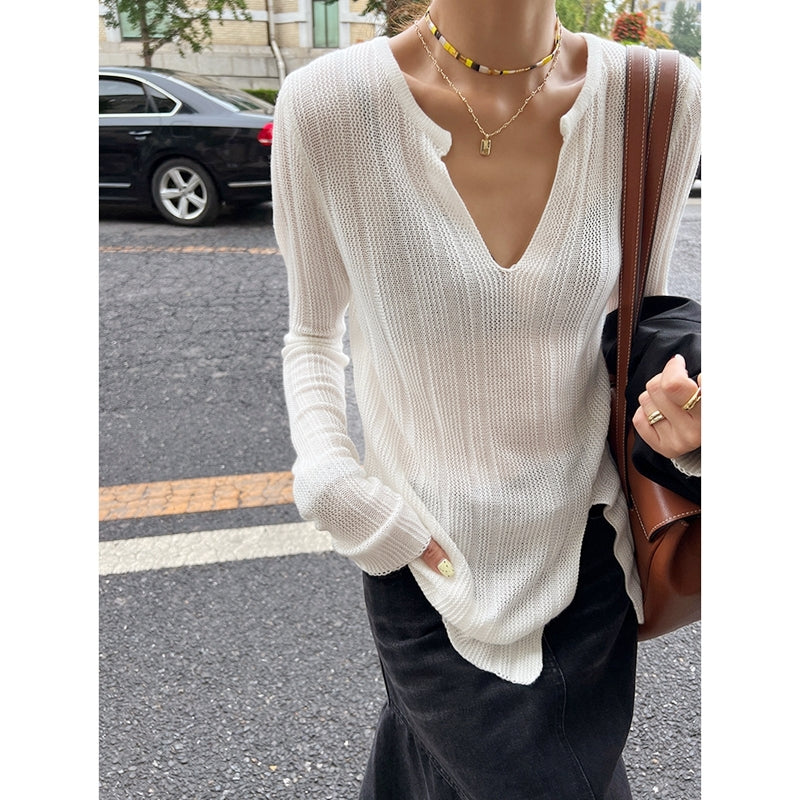 Senior Sense Gentle Top V-neck Pit Strip Sweater Female Inner Match Slim Irregular