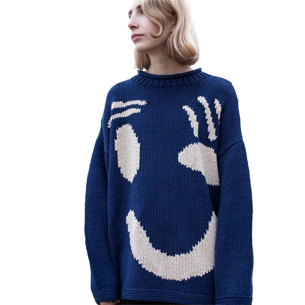 Christmas Smiley Knitted Sweater Women's Long-sleeved Round Neck Yarn-dyed Printed Top Women's