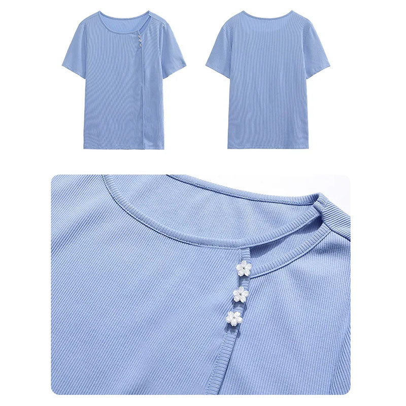 T-shirt manches courtes tricoté bleu pour femme, haut amincissant coupe cintrée