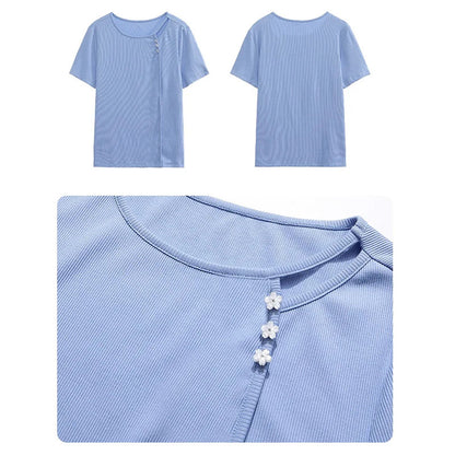 Women's Blue Knitted Short-sleeved T-shirt Slim Fit Slimming Top