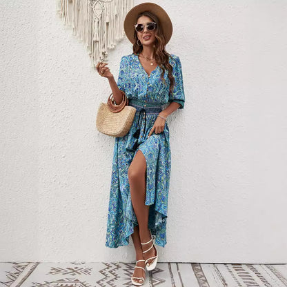 Vestido de playa informal bohemio con cintura y manga tres cuartos