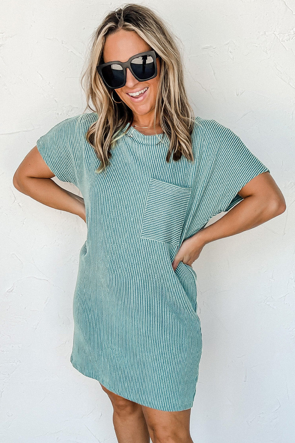 Blue Striped Ribbed Knit T-shirt Shift Dress