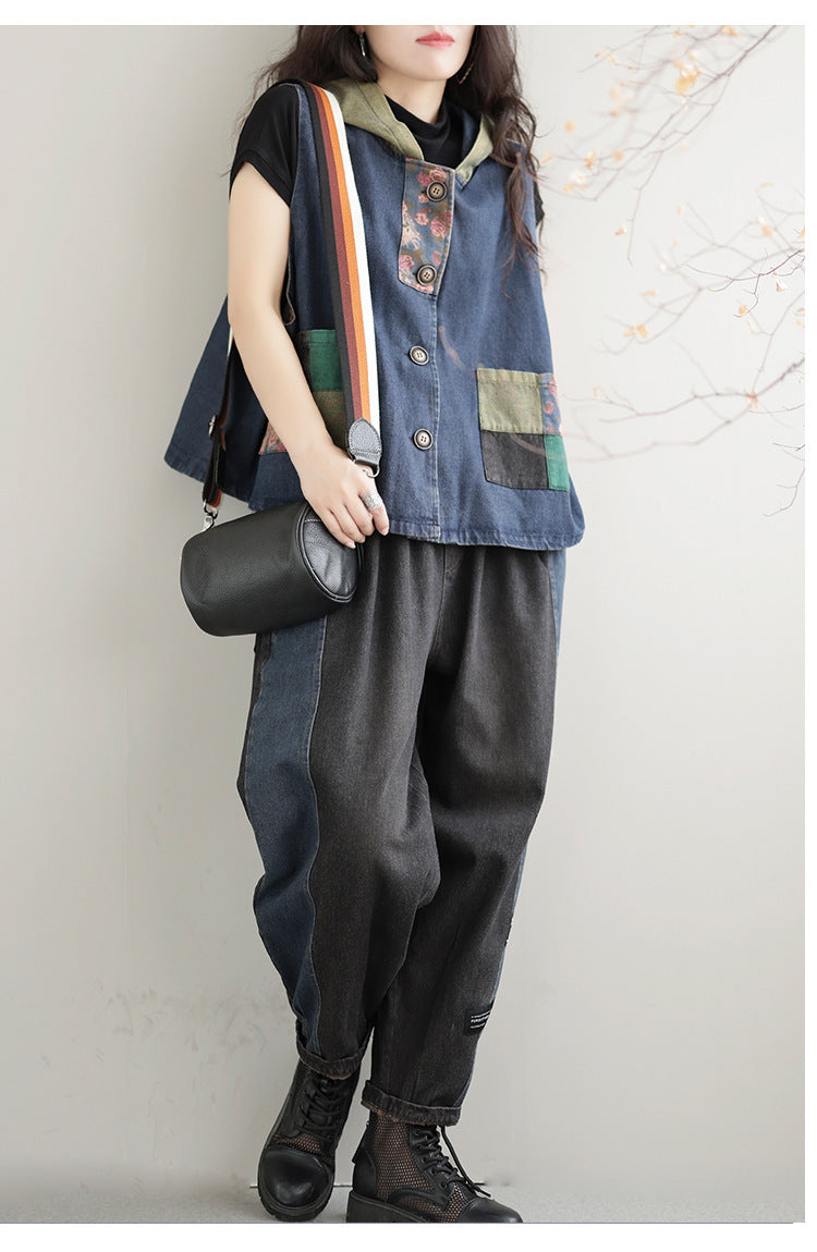 Women's Retro Loose Hooded Ethnic Style Stitching Patchwork Coat Vest