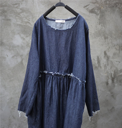 Spring Denim Blue High Waist Pleated Loose Burrs Dress