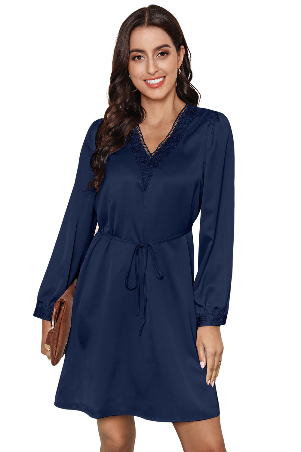 Blue Lace Trim V Neck Tie Waist Long Sleeve Dress