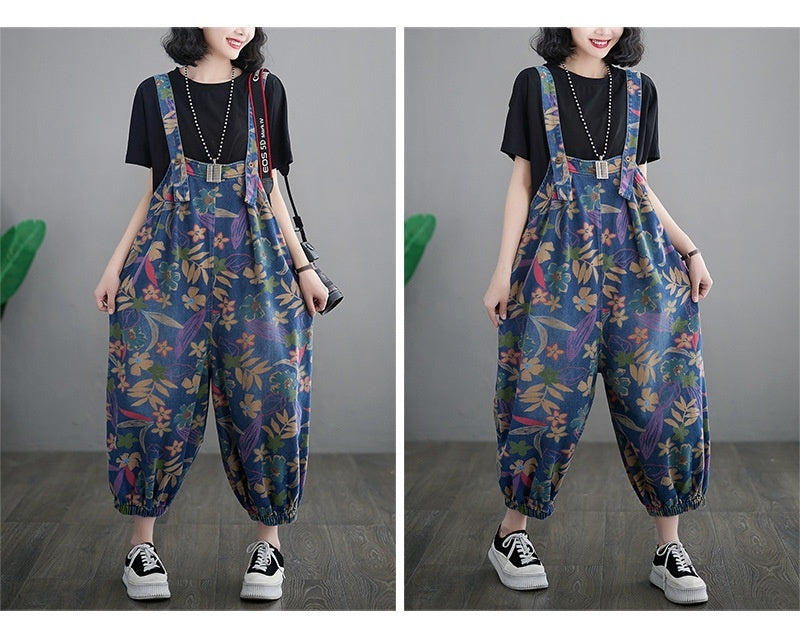 Loose Slimming Slim Fit Printed Cropped Denim Suspender Pants