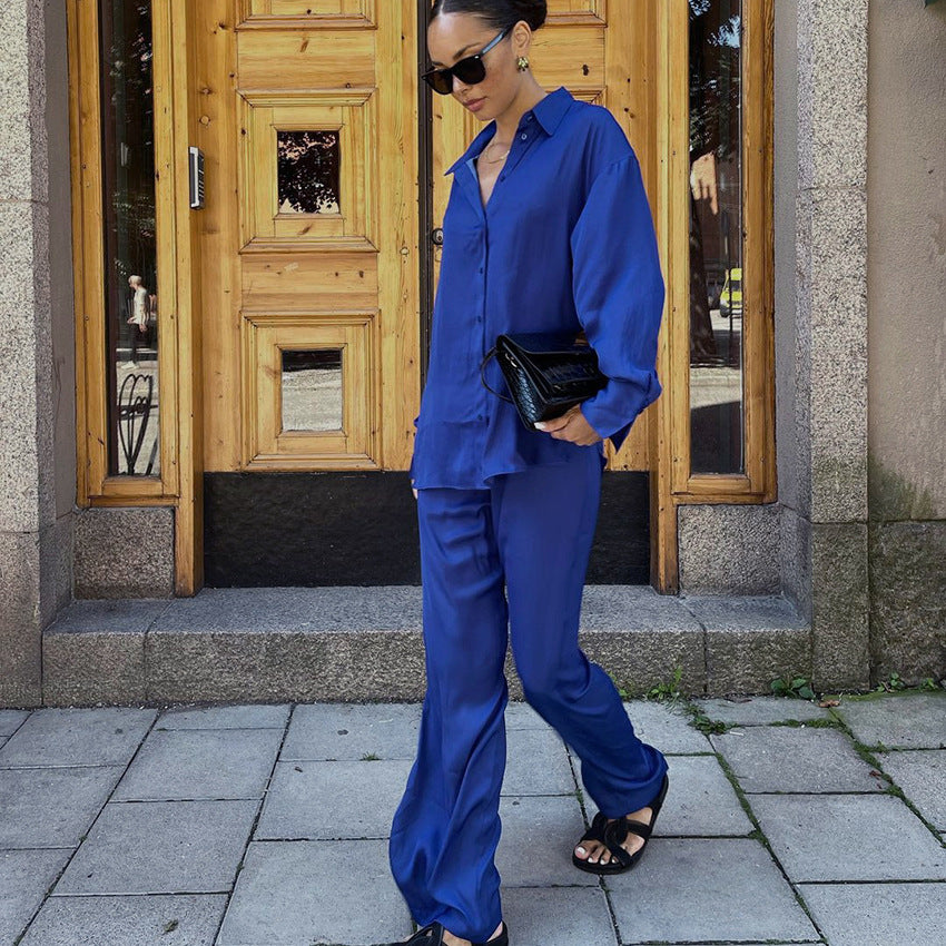 Conjunto de dos piezas de camisa y pantalón azul Dinklein para mujer