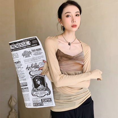 Mesh T-Shirt Women's Early Spring Design Sense Niche Square Collar Long Sleeve