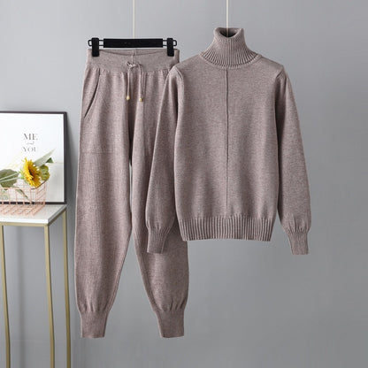 Casual Fashion Set autumn And Winter Cross-border Amazon European And American Turtleneck Solid Color Sweaters Two-piece Set