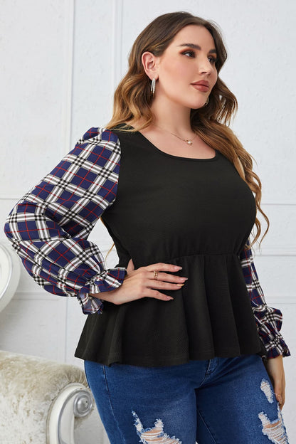 Melo Apparel Blouse froncée à col carré et imprimé écossais grande taille