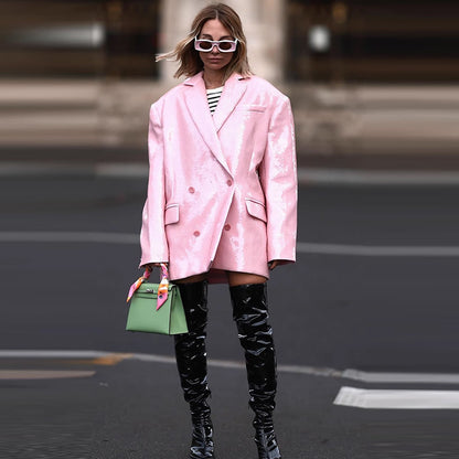 Blazer de lentejuelas rosa con raíz de loto suelta y doble botonadura de moda para mujer