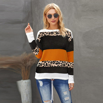 Leopard Print Color Blocking Sweater Women's Long Sleeved Round Neck Pullover Bottoming Shirt