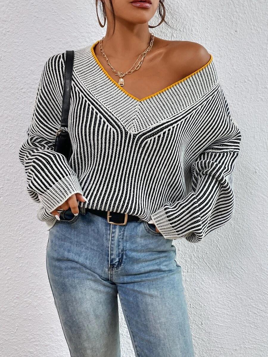 V-neck Loose Slimming Stripes Contrast Color Pullover Knitwear Top