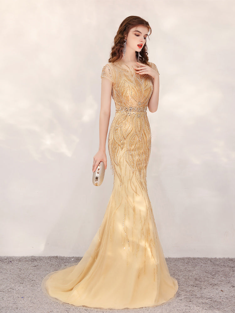 Fishtail Evening Dress Gold & Small Trailing Temperament Host Evening Dress