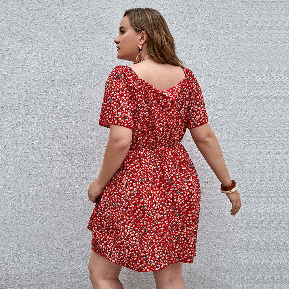 Vestido de ocio con cuello en V y flores pequeñas para vacaciones en la playa