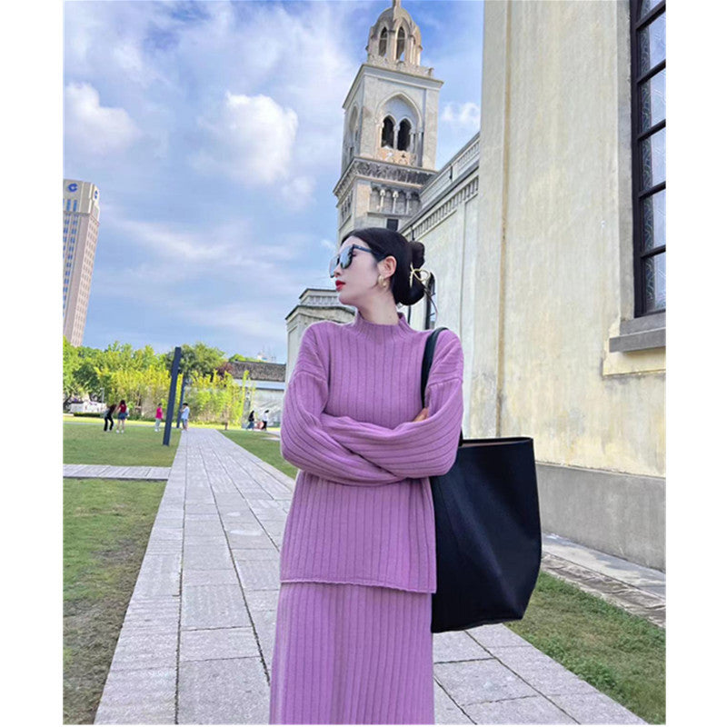 Autumn And Winter New Half Turtleneck Sunken Stripe Loose-fitting Women's Sweater Dress