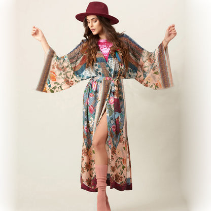 Rayon Printed Robe With Loose Waist Cardigan