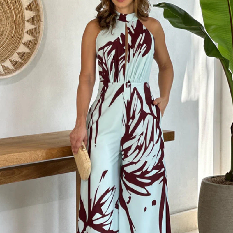 Summer Graceful And Fashionable Half Turtleneck Sleeveless Printed Hollow-out Cinched Wide Leg Jumpsuit