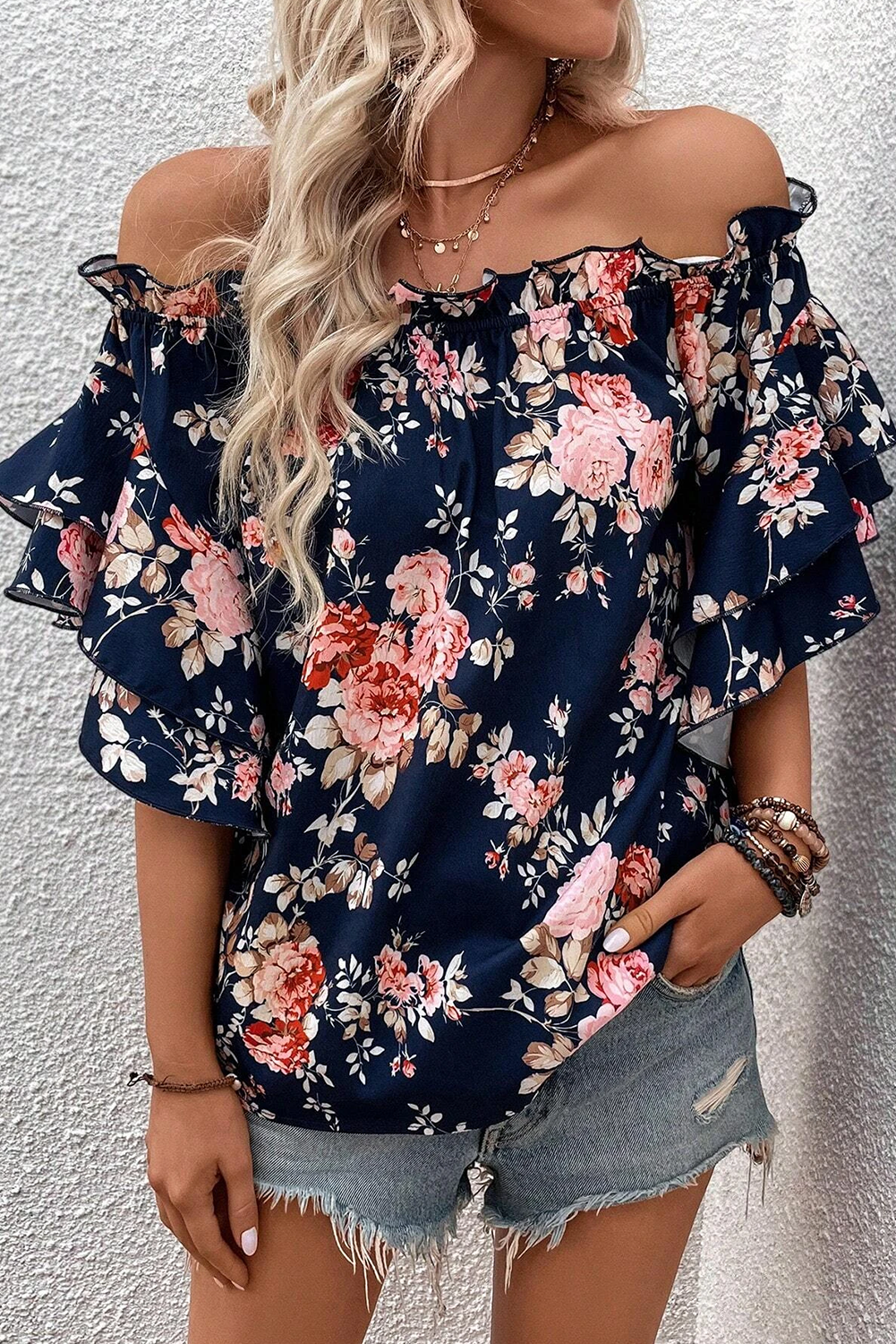 Blue Ruffle Off Shoulder Flounce Sleeve Floral Blouse