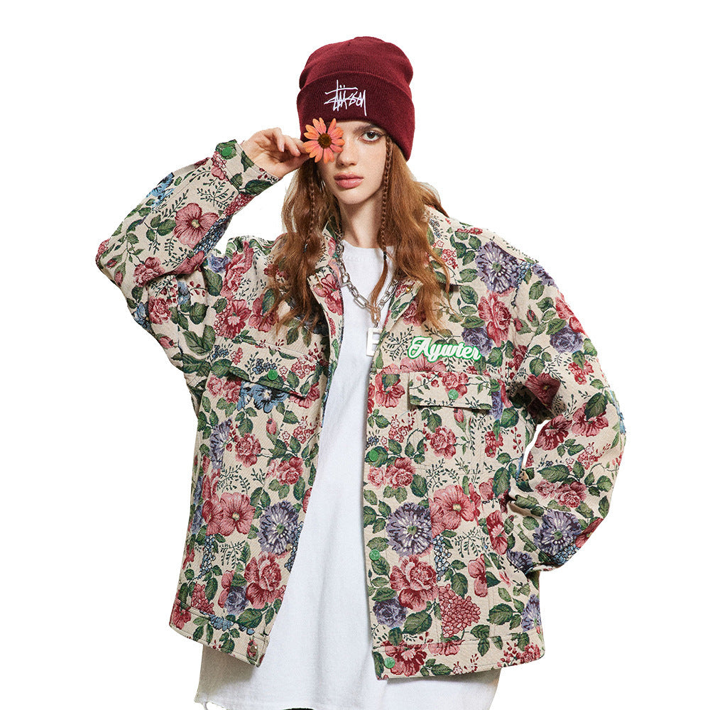 Chaqueta holgada con estampado floral teñido en hilo de estilo retro americano