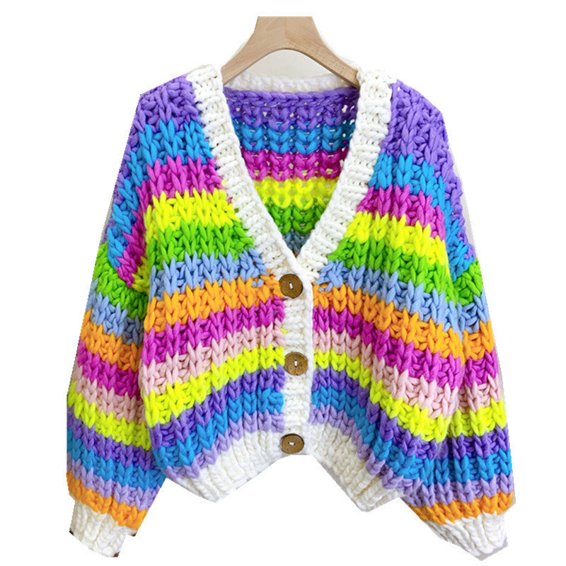 Cardigan pull arc-en-ciel tissé à la main pour femme