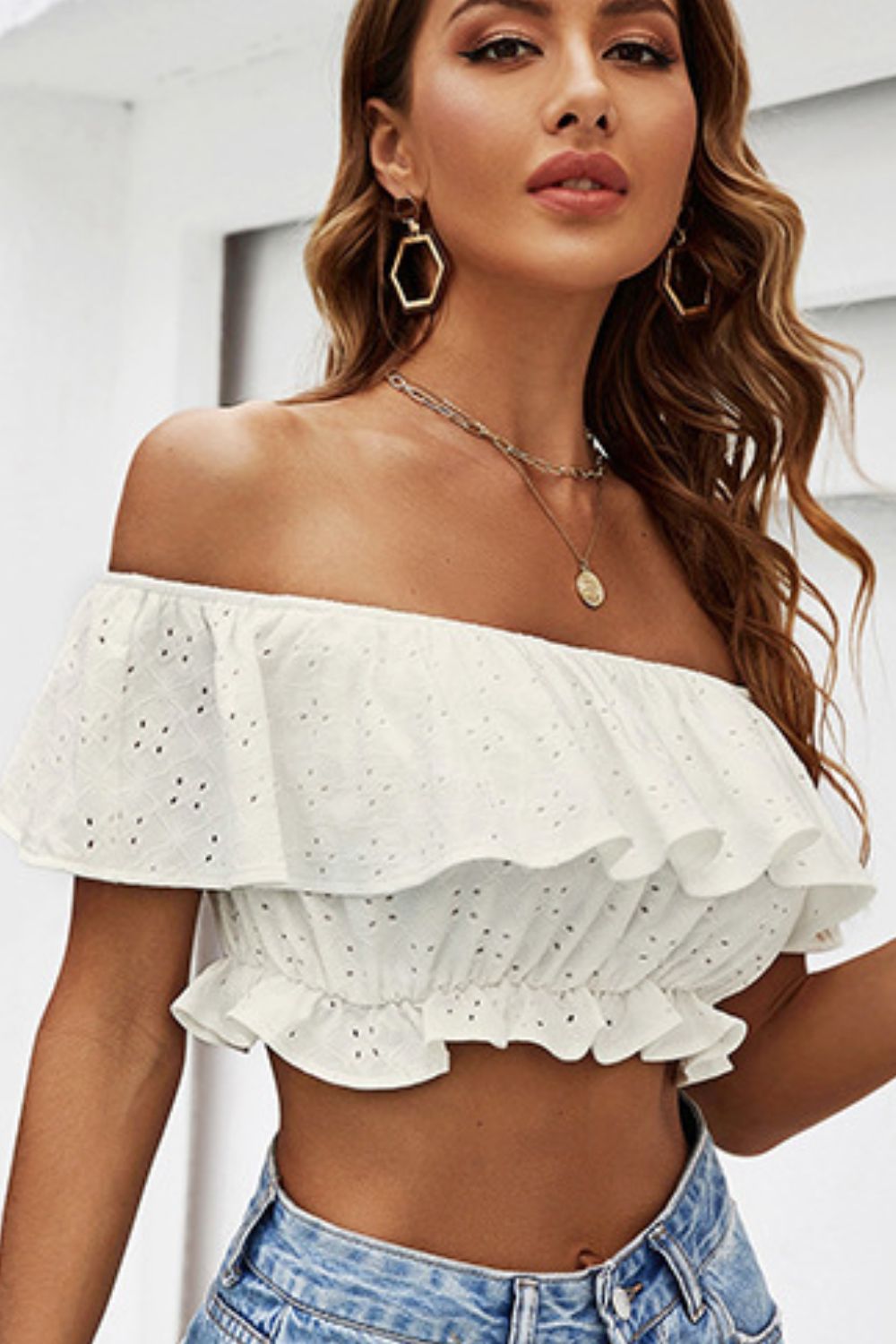 Eyelet Layered Off-Shoulder Cropped Blouse