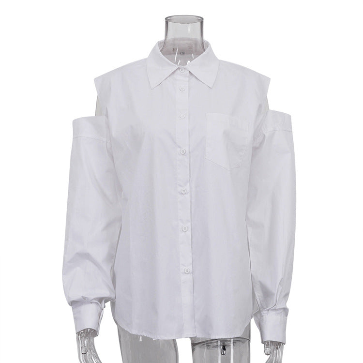 Camisa blanca con solapa de manga larga a la moda para mujer