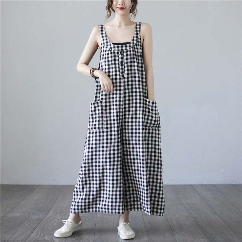 Summer Plus Size Female Artistic Plaid Cotton Linen Suspender Trousers