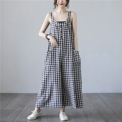 Summer Plus Size Female Artistic Plaid Cotton Linen Suspender Trousers