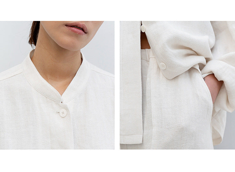 Retro Stand Collar Design Sense Of Minority Cotton And Linen Long Sleeve Shirt